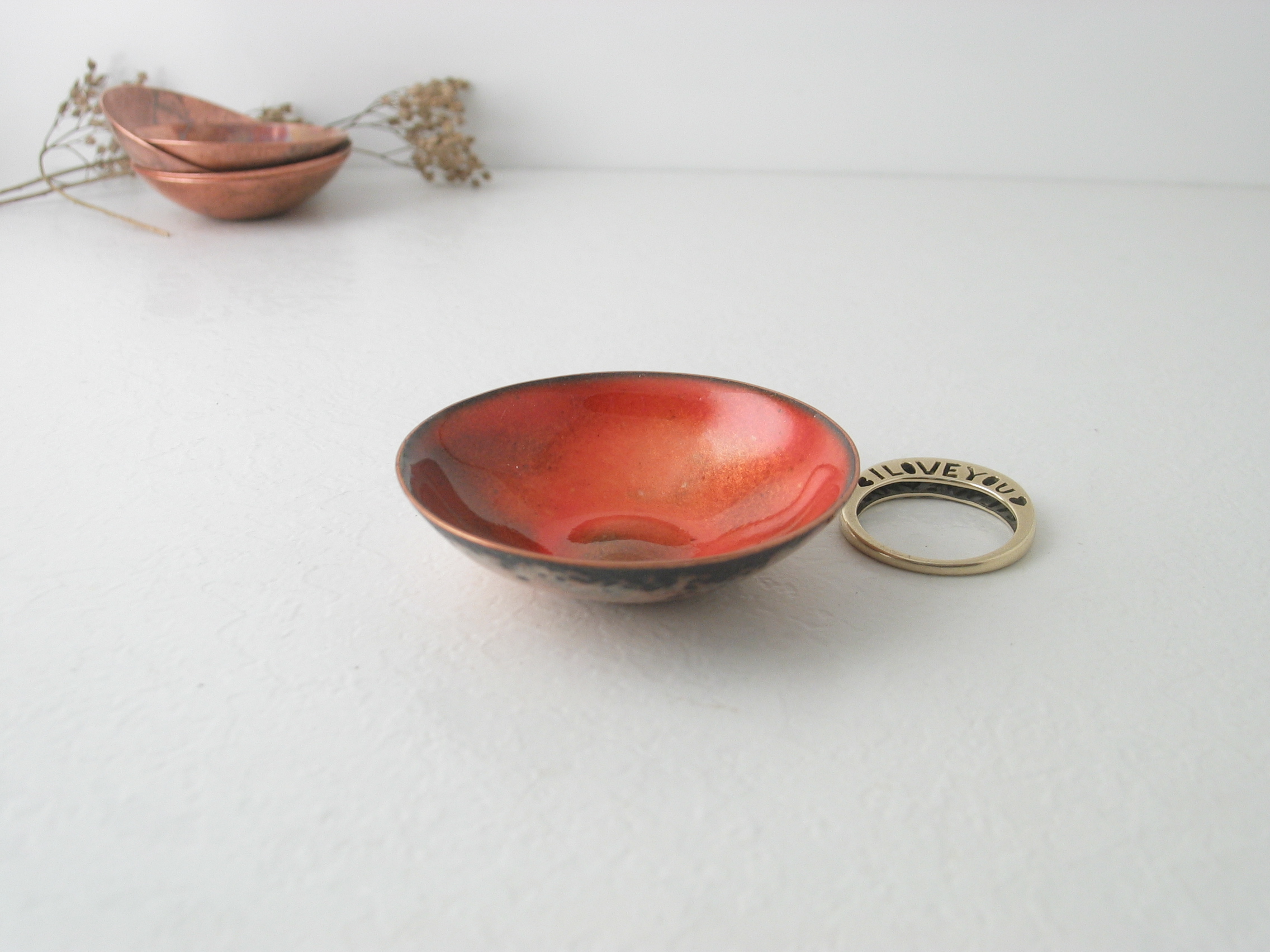 Handmade Tiny 1-3/4" Trinket bowl dark sunset burnt orange copper enamel trinket dish
