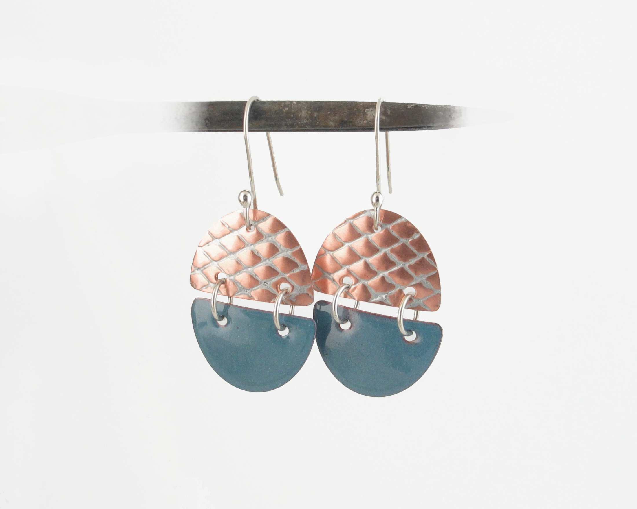 Delft Blue Art Deco Copper Enamel Dangle Earrings