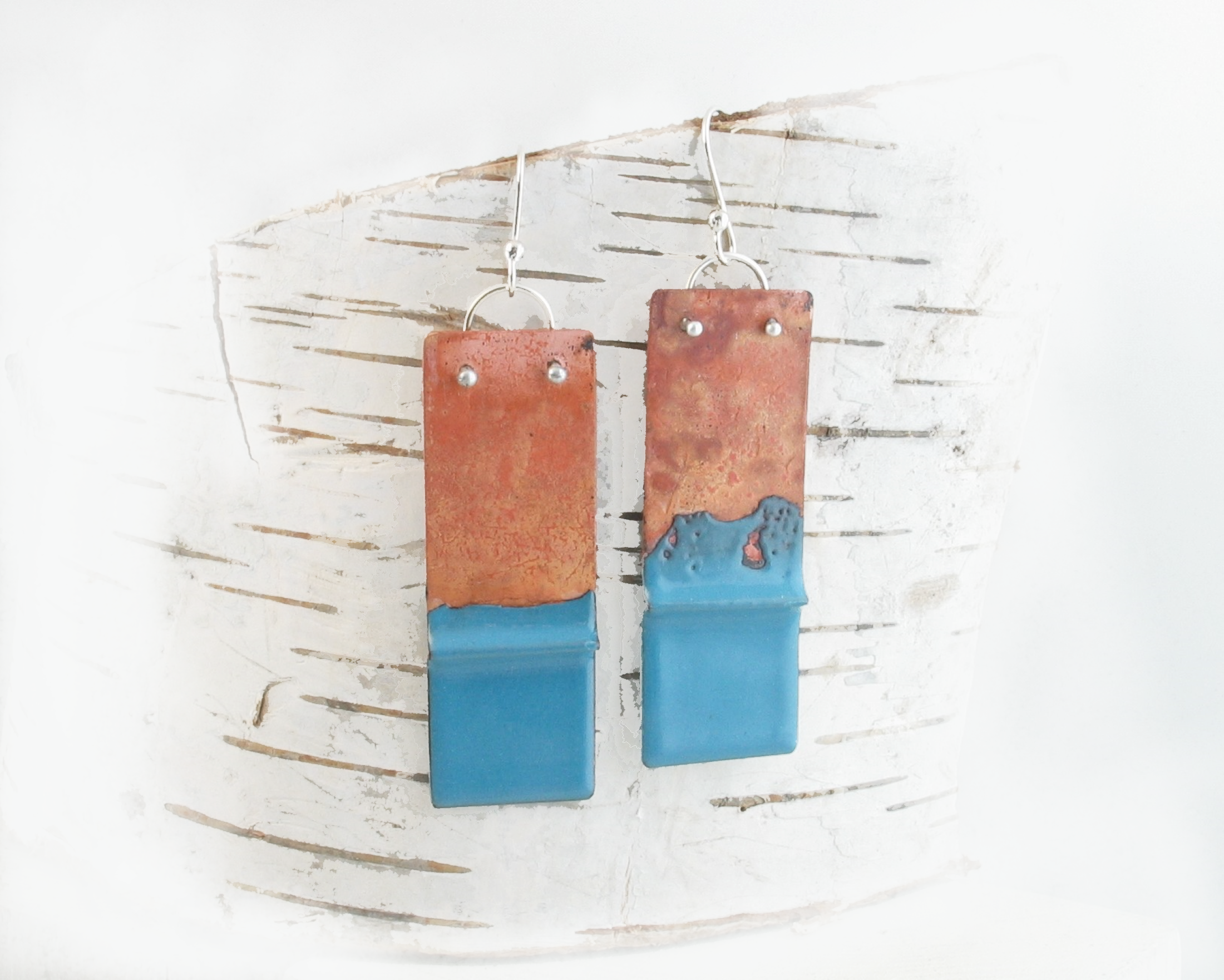 Fold-Formed Flame-Painted Sea Foam Aqua Copper Enamel Statement Earrings
