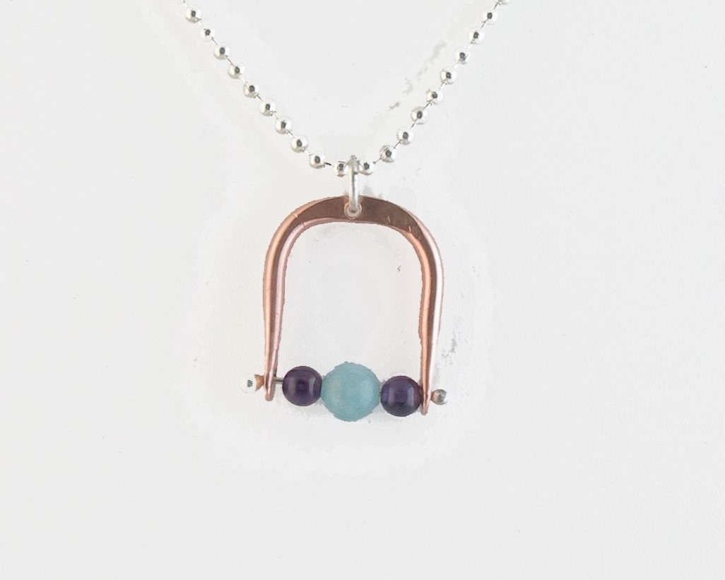 Copper Amethyst & Aquamarine Horse Theme Pendant and 18" Sterling Chain