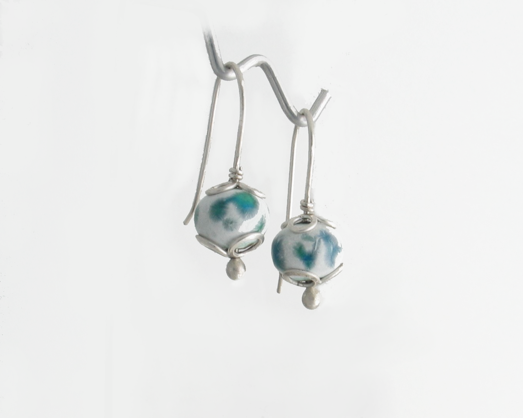 Copper Enamel Spheres of White Turquoise and Water Blue Dangle Earrings with Argentium 935 Sterling Silver Earwires