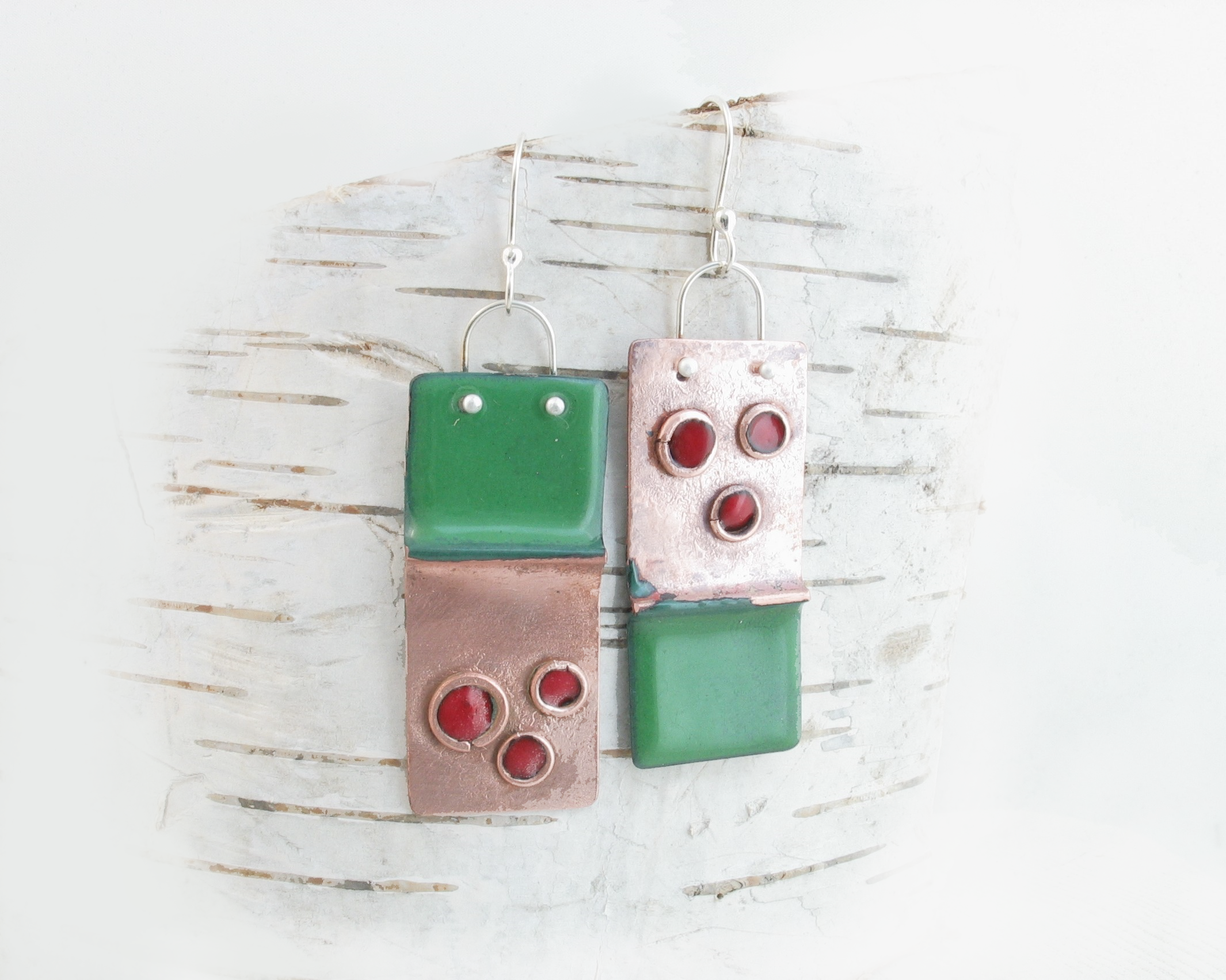 Christmas Earrings Holly Berry Copper Enamel Red and Green Dangles