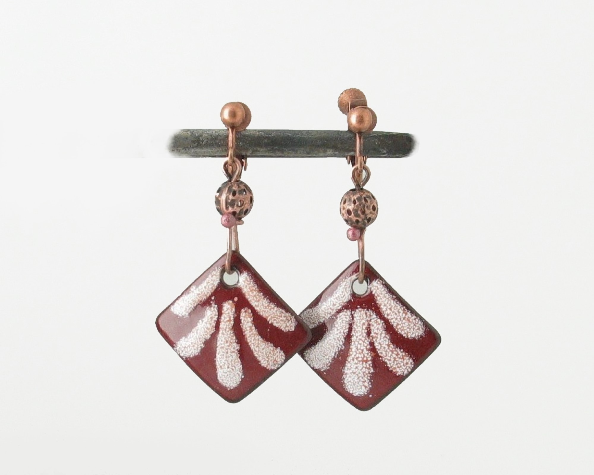 Clip-on Non-Pierced Enameled Copper Earrings with Stenciled Blush Design over Burgundy Torch-Fired Enamel, Antiqued Copper Ear Clips