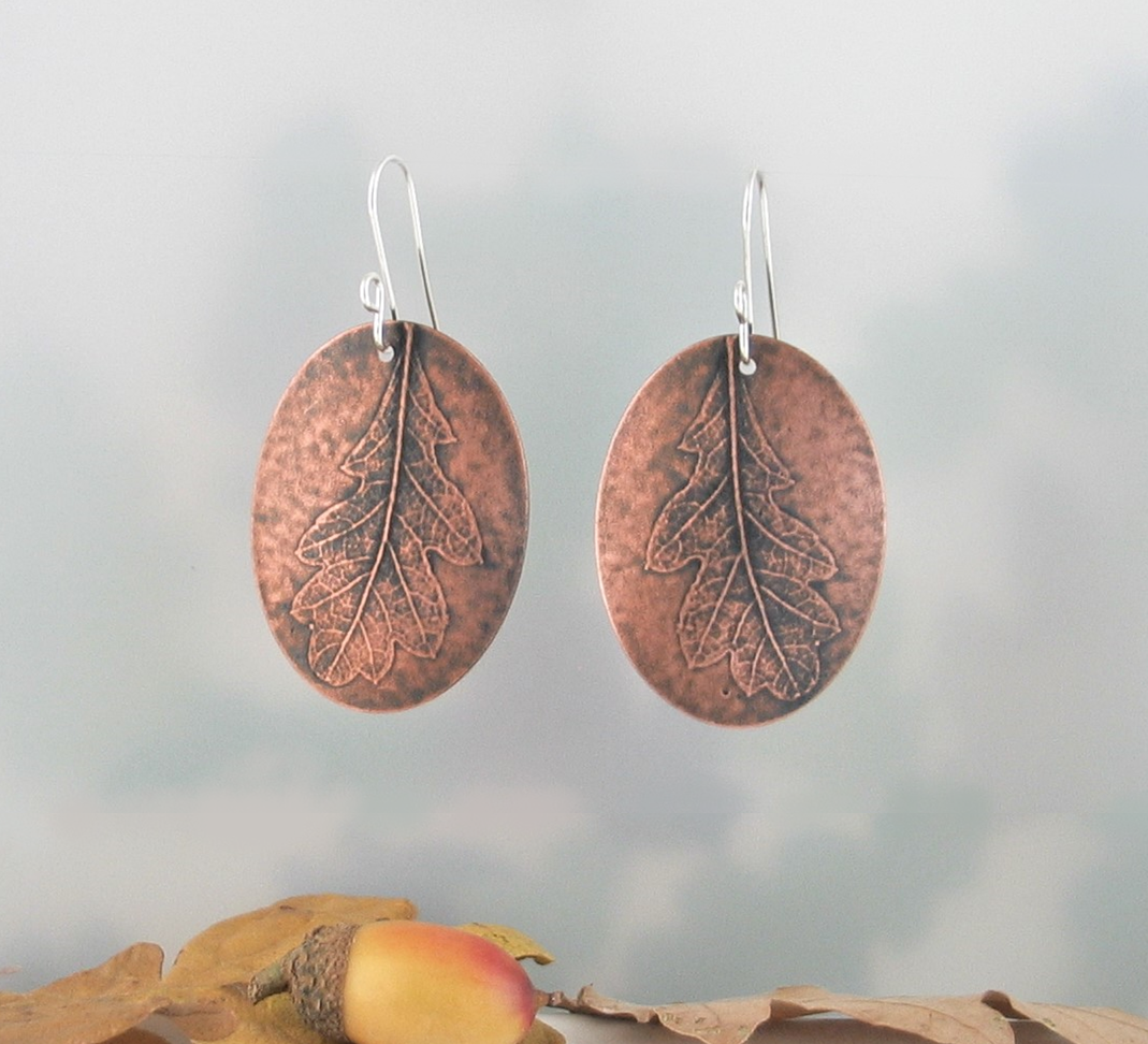 oval copper oak leaf earrings