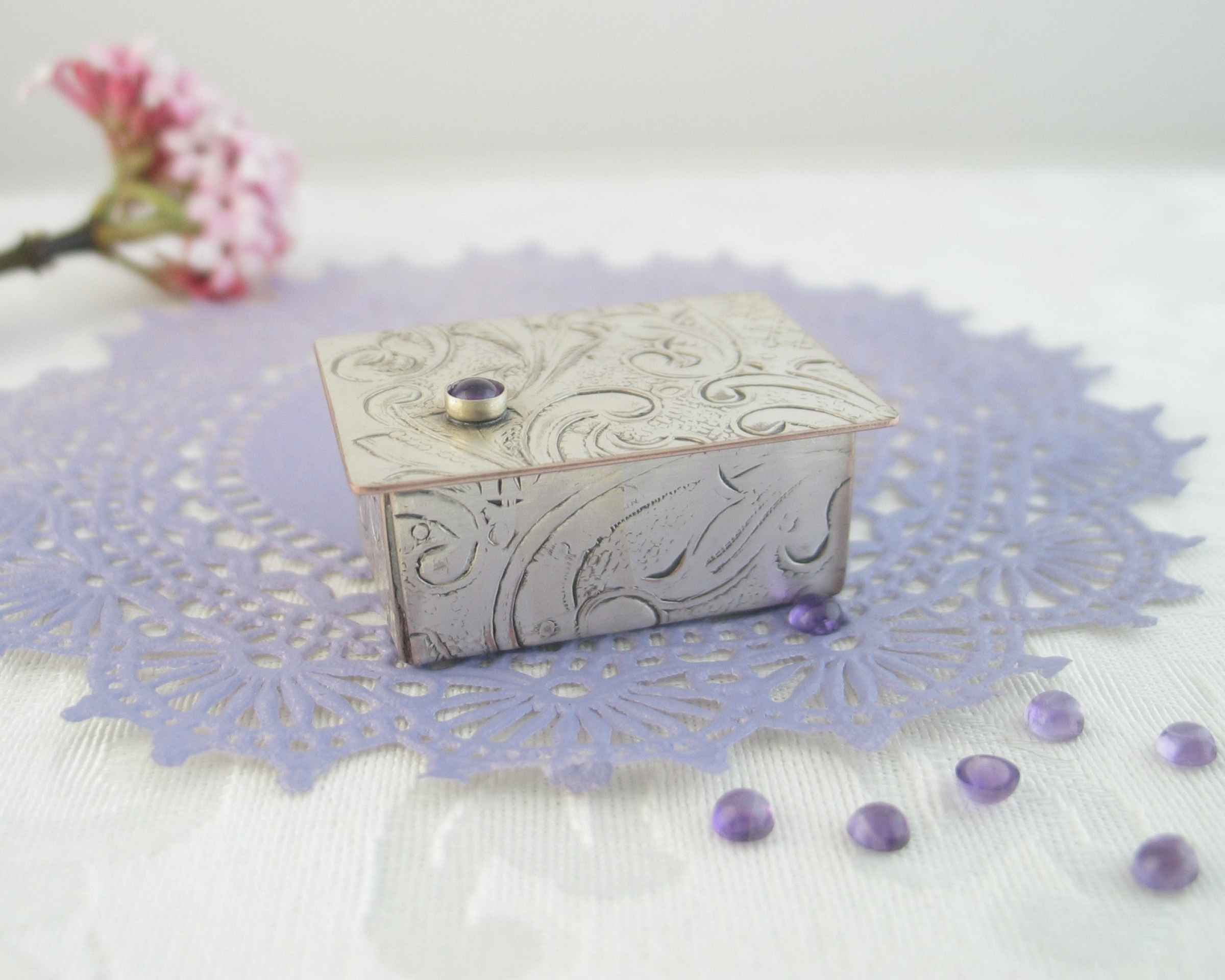 Miniature Silver Trinket Box with february birthstone amethyst gemstone